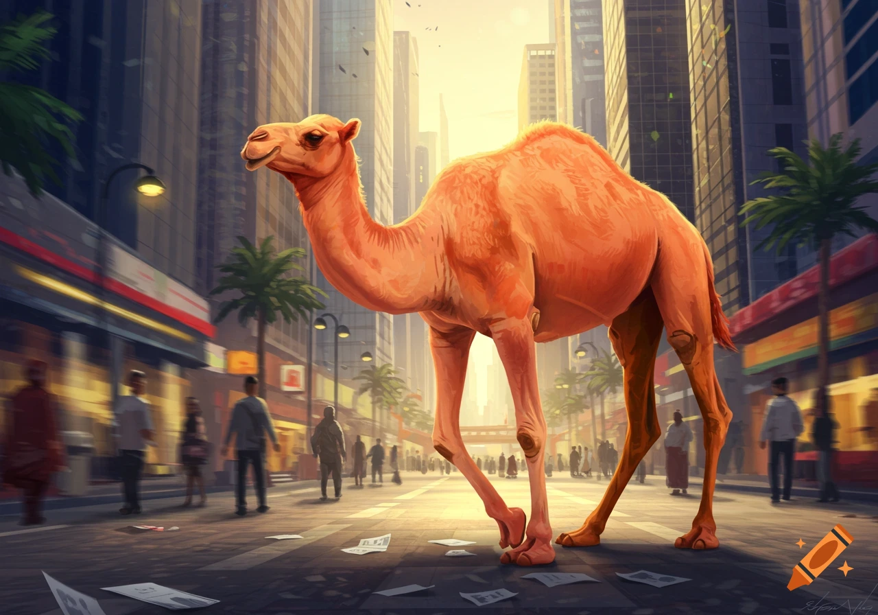 A photorealistic camel with peach-colored fur walks down a busy city street with tall buildings at sunset.