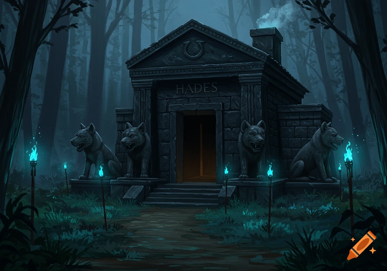 A dark, eerie stone temple dedicated to Hades, flanked by dog statues and glowing blue torches, in a misty forest.