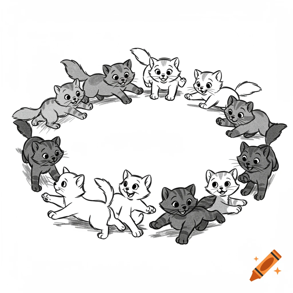 Black and white illustration of cute kittens running in a circle, forming a frame.