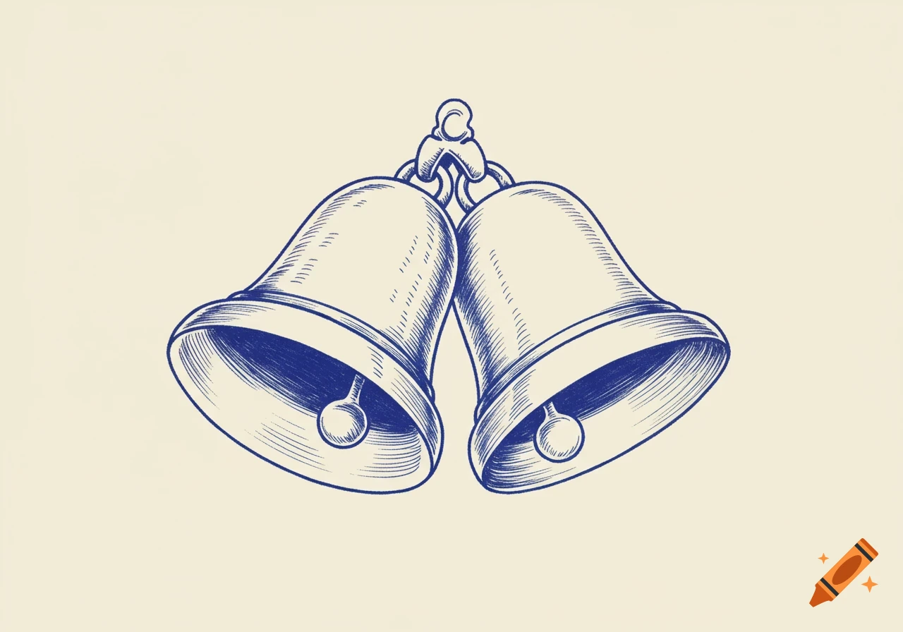 Minimalist blue outline drawing of two wedding bells with cross-hatching.