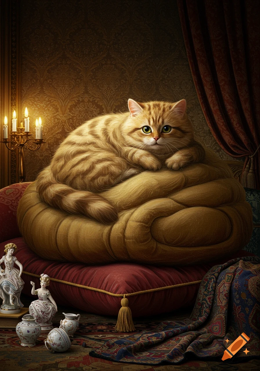 A massive, fluffy ginger tabby cat lounges on a golden cushion in a lavish, dimly lit room with antique decor.