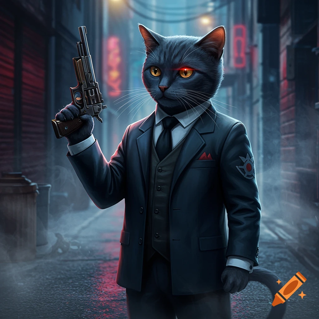 A black cat dressed in a suit and tie, holding a revolver, stands in a dark, neon-lit alley.
