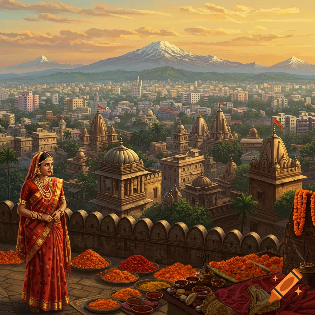 A woman in a red sari on a rooftop overlooks an Indian city with temples and snow-capped mountains at sunset.