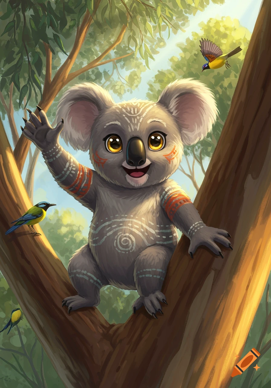 A cute, smiling cartoon koala with tribal patterns sits in a tree and waves, with colorful birds around it.
