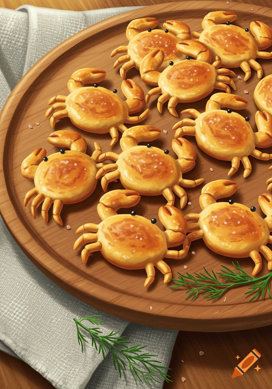 Numerous golden, crab-shaped crackers are scattered on a round wooden board, garnished with fresh dill and salt crystals.