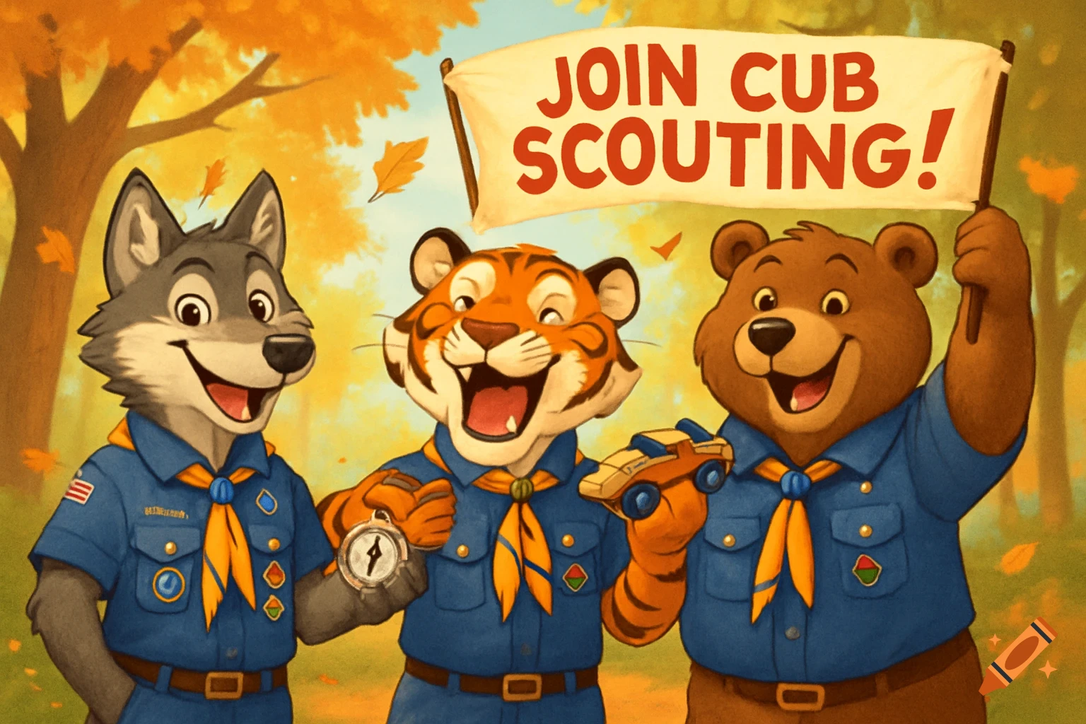 An illustration of a wolf, tiger, and bear in blue Cub Scout uniforms, holding a compass, a wooden car, and a "Join Cub Scouting!" banner, surrounded by autumn leaves.