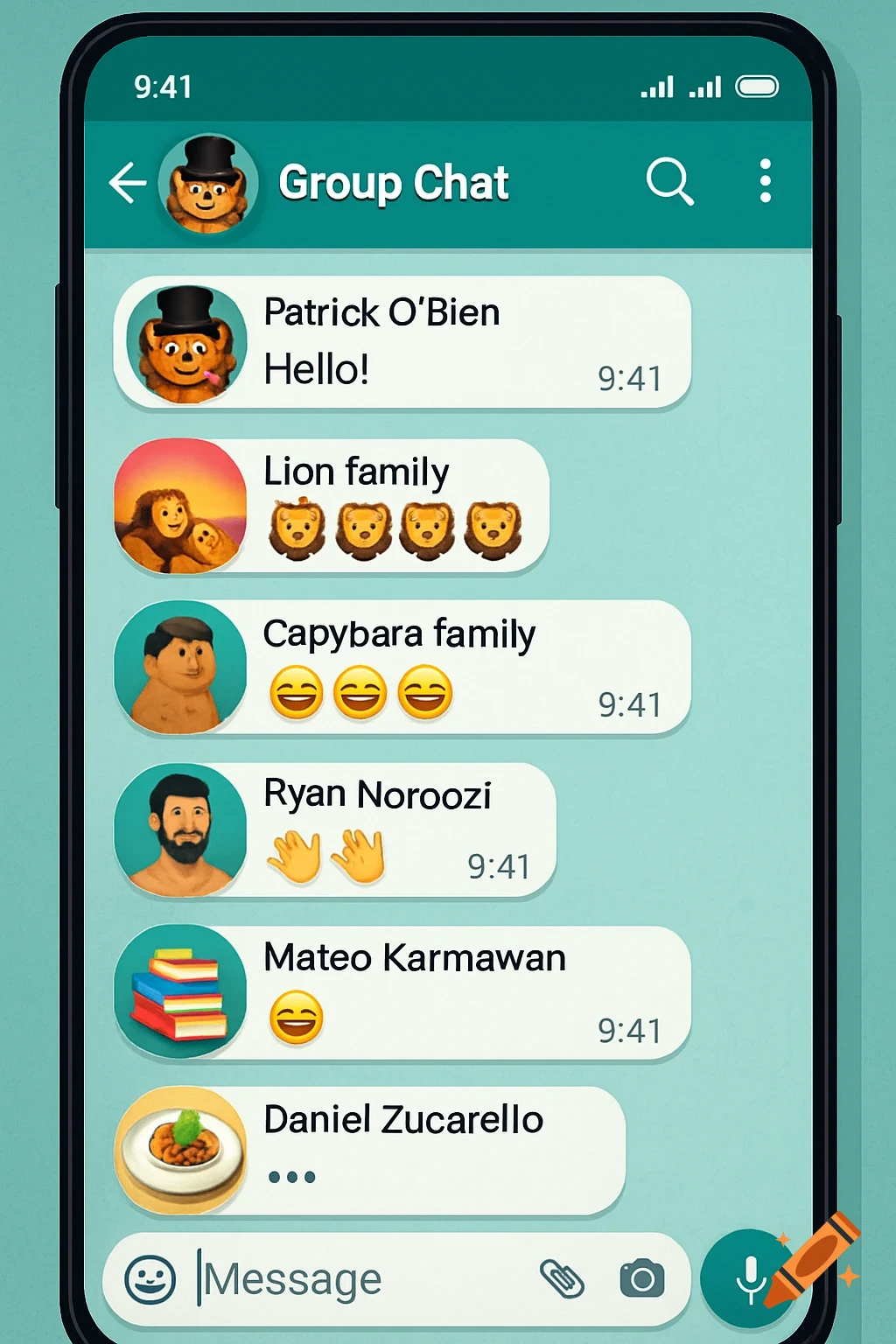 A mobile phone screen displays a group chat with messages from multiple contacts, each with a stylized profile picture.