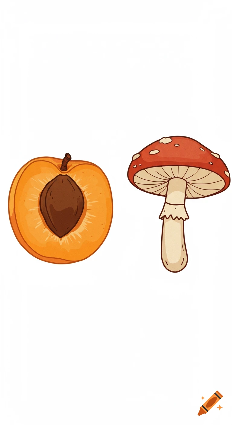 A simple cartoon illustration on a white background, featuring a halved apricot with its pit on the left and a red and white mushroom on the right.