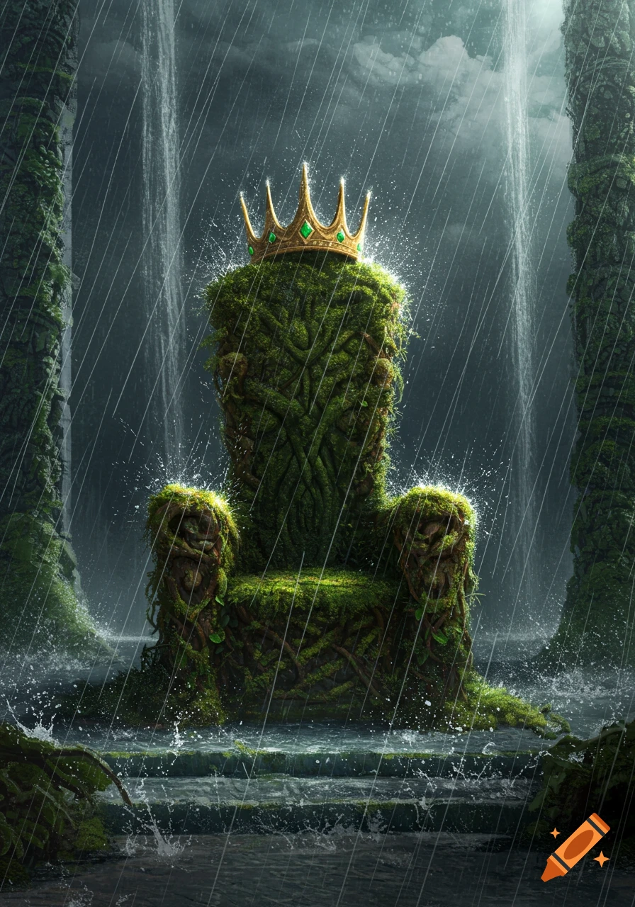 A golden crown sits atop a moss-covered throne in a lush, rainy forest setting with waterfalls.