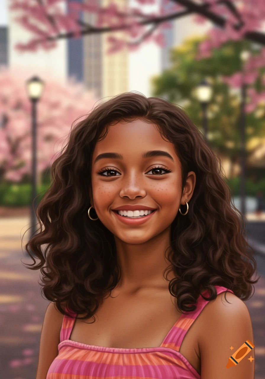 An illustrated portrait of a smiling young girl with curly brown hair and freckles, wearing a pink and orange striped top, standing outdoors with blurred cherry blossoms in the background.