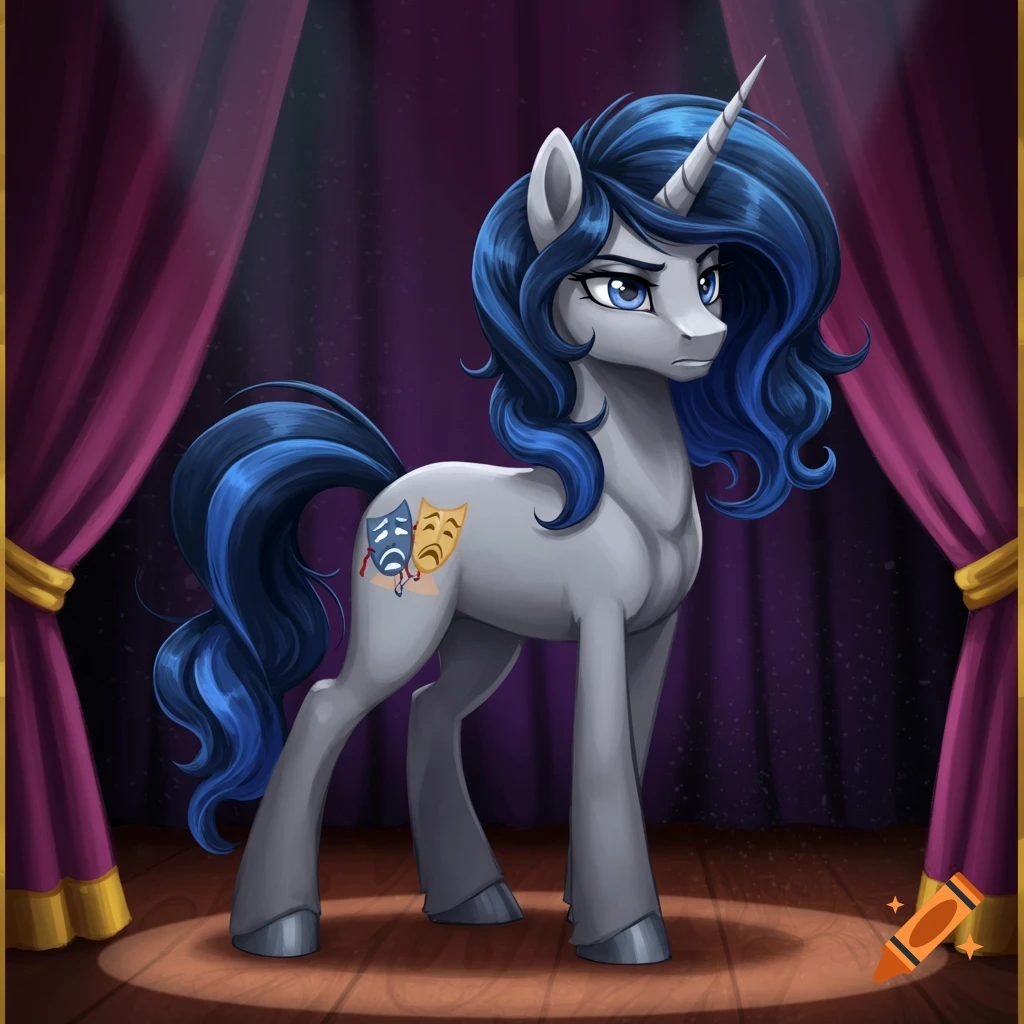 A grey unicorn with a blue mane and tail stands on a spotlighted stage with purple curtains. It has blue eyes and a cutie mark of comedy and tragedy masks.