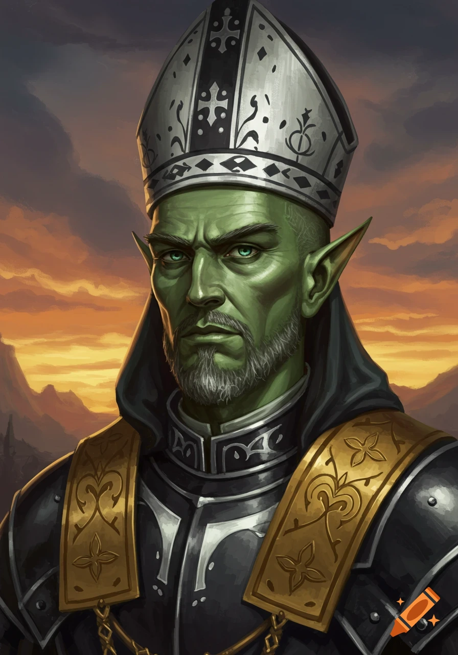 Oil painting fantasy portrait of a green-skinned elven male in a bishop's mitre and black and gold armor against a sunset background.