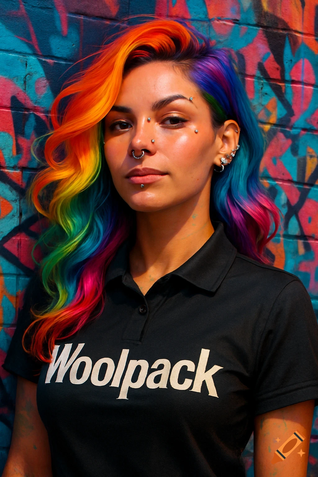 A woman with vibrant rainbow hair and facial piercings wearing a black 'Woolpack' polo shirt stands against a colorful graffiti wall.