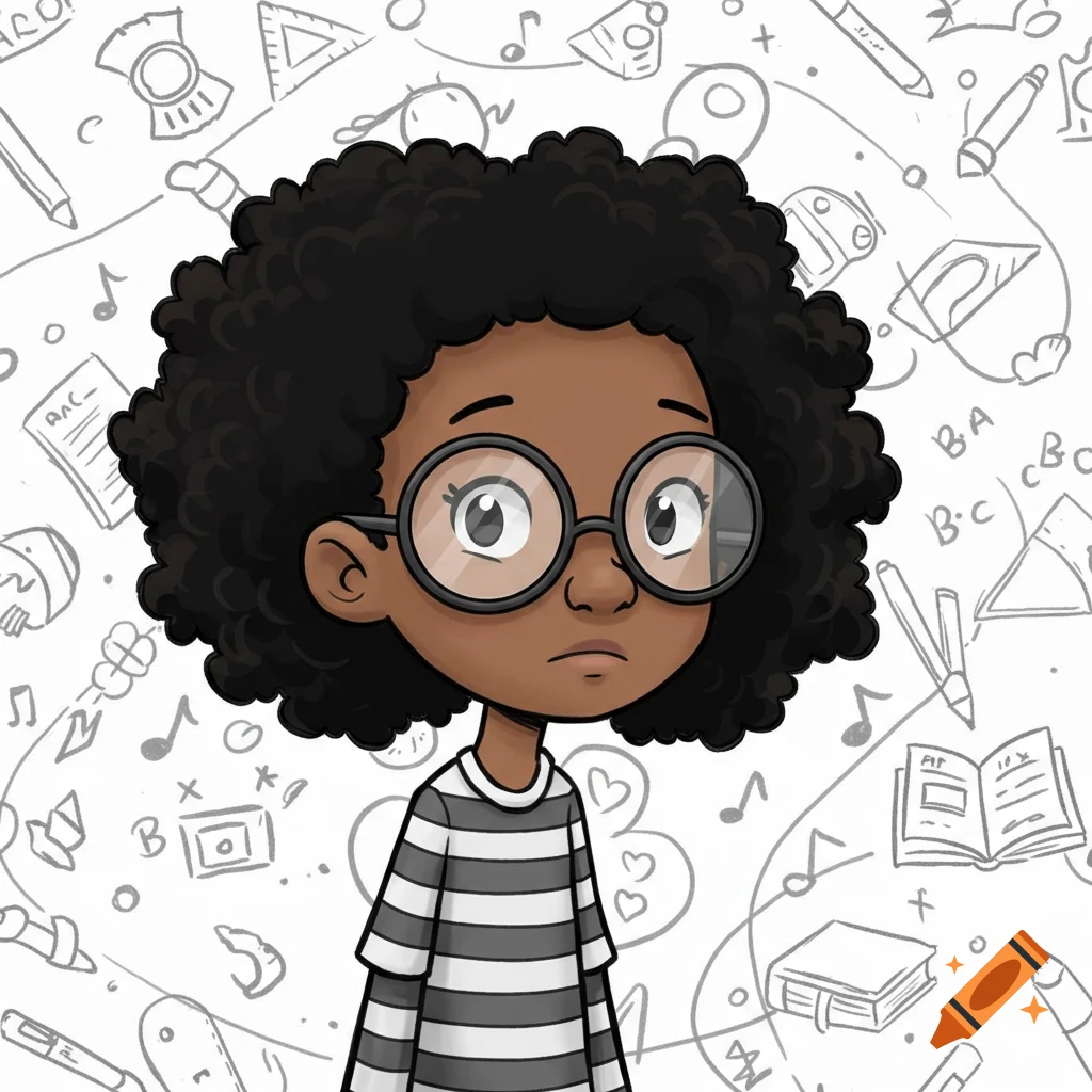 A cartoon black girl with curly hair and glasses, wearing a striped shirt, stands against a background of school-themed doodles.