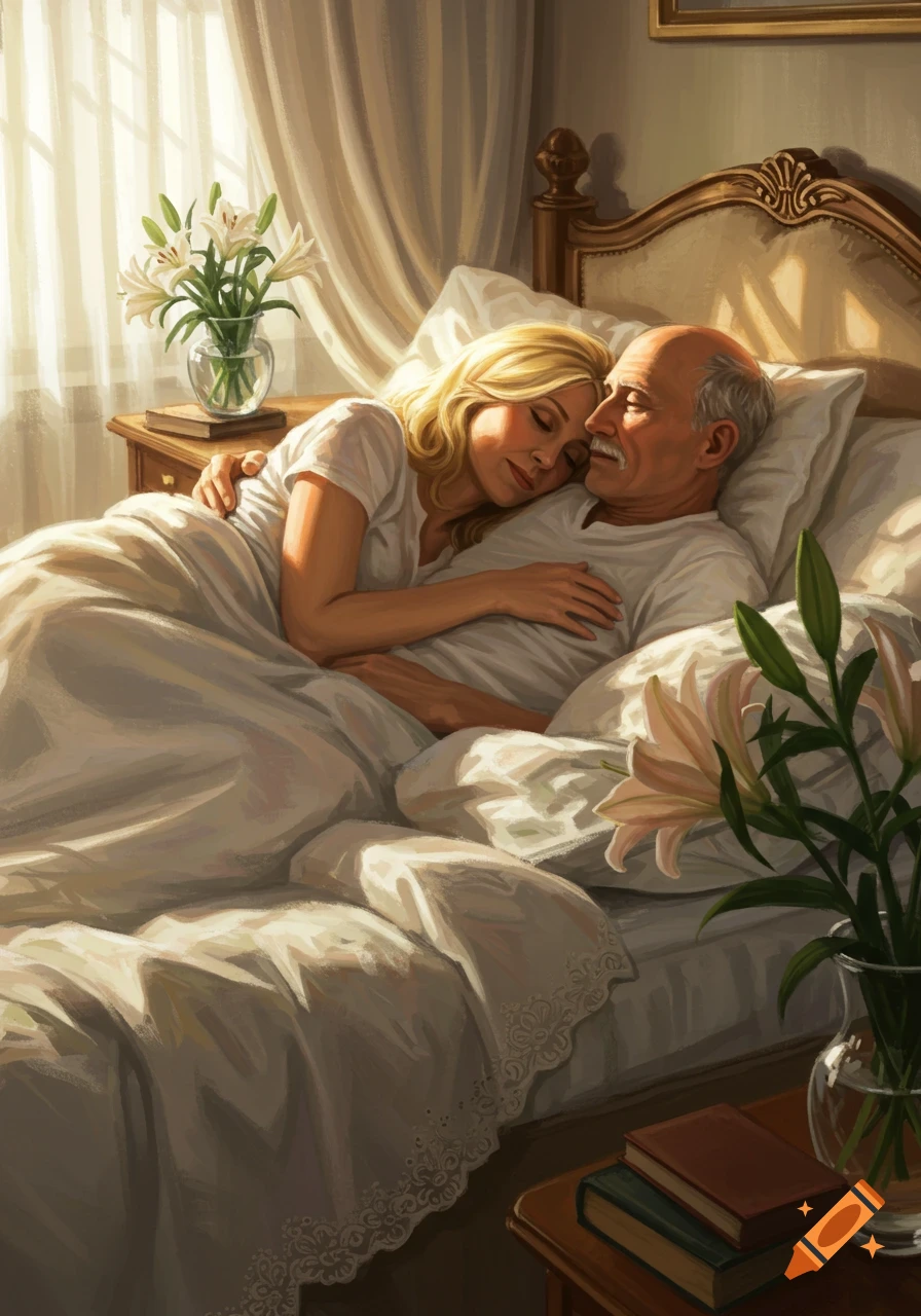 A blonde woman and an older man cuddle in bed in a warm, painterly illustration.