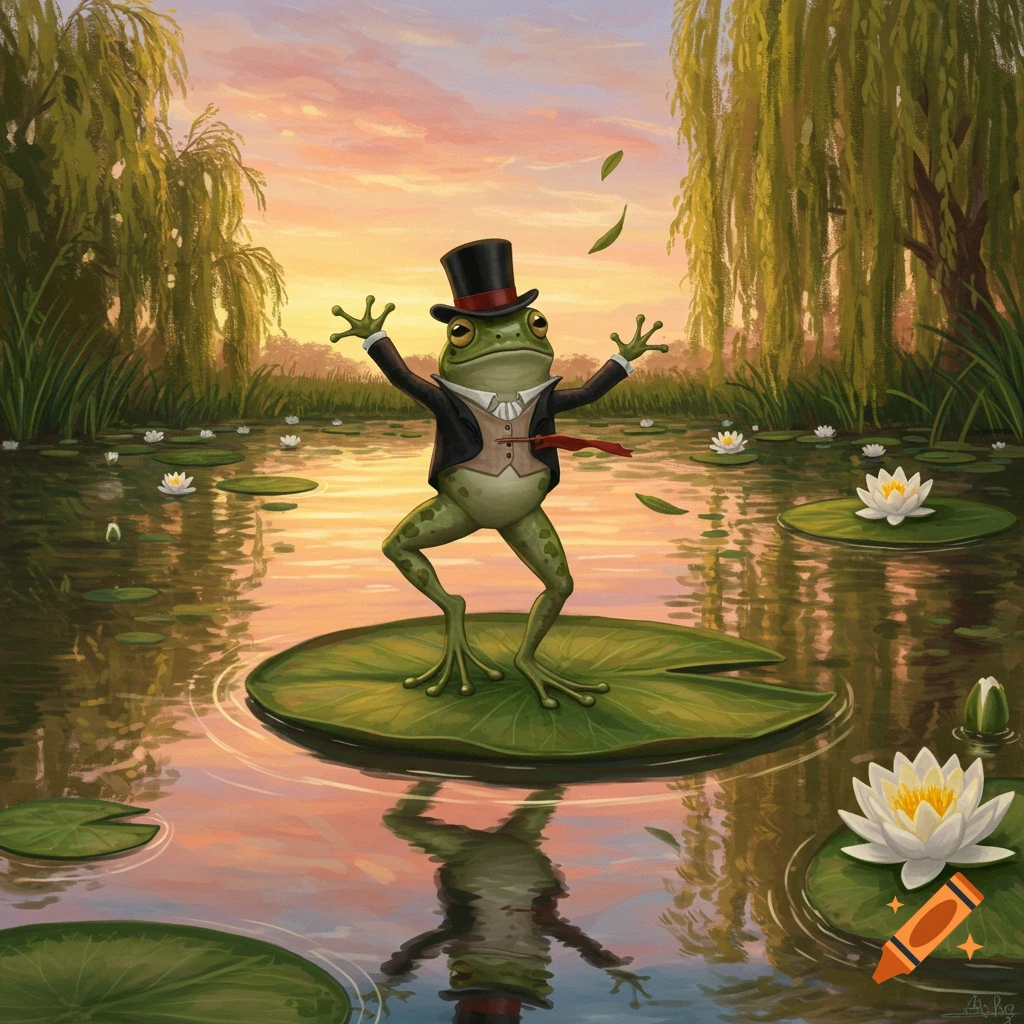 A dapper frog wearing a black top hat and suit stands on a lily pad in a pond at sunset, surrounded by water lilies.