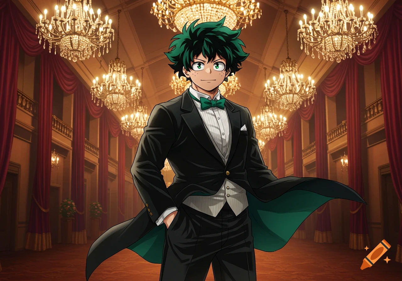Izuku Midoriya in a black tuxedo with a green bow tie, standing in a grand ballroom with many chandeliers.