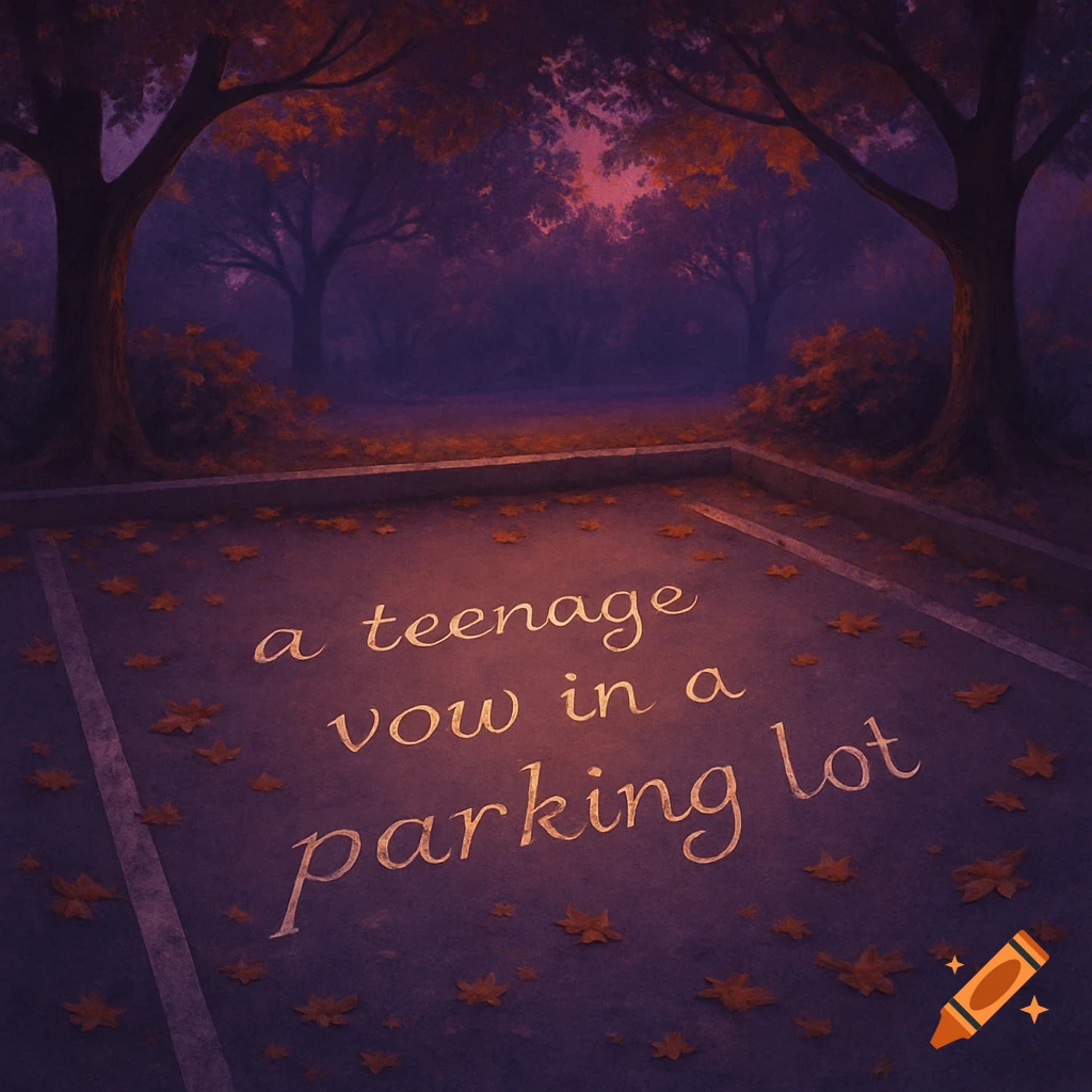 A dark, atmospheric illustration of a parking lot at night with orange leaves scattered on the ground and the words "a teenage vow in a parking lot" written in white on the asphalt. Trees with orange leaves are in the background against a dark purple sky.