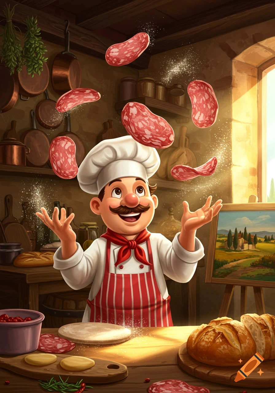 A smiling cartoon chef in a kitchen, tossing salami slices into the air. Dough, bread, and other ingredients are on the wooden counter.