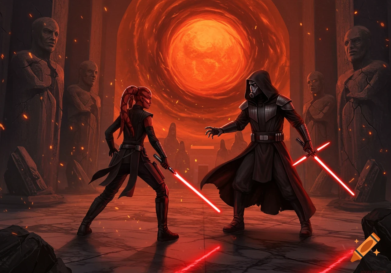 Darth Talon and Darth Malgus duel with red lightsabers in ancient ruins under a swirling red celestial body, digital art.