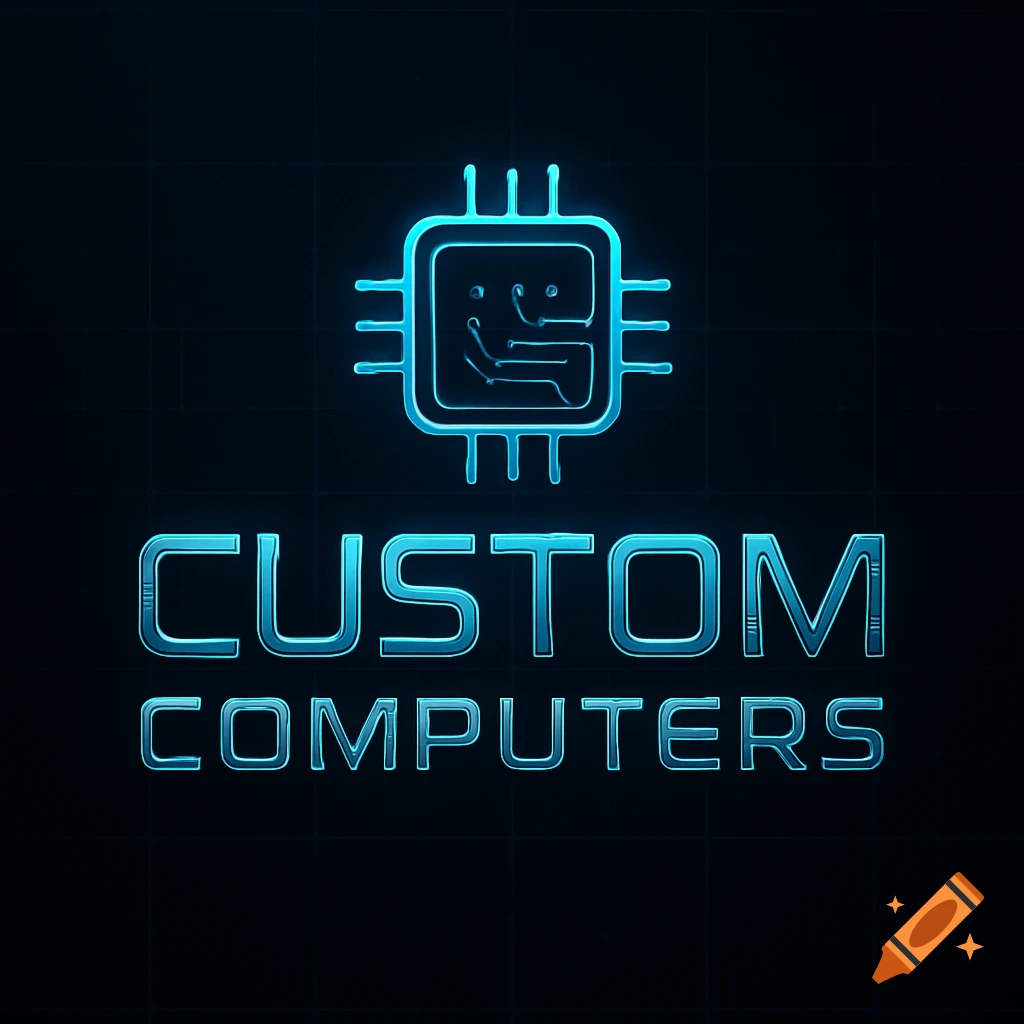 A neon blue logo for 'Custom Computers' featuring a circuit board icon on a dark background.