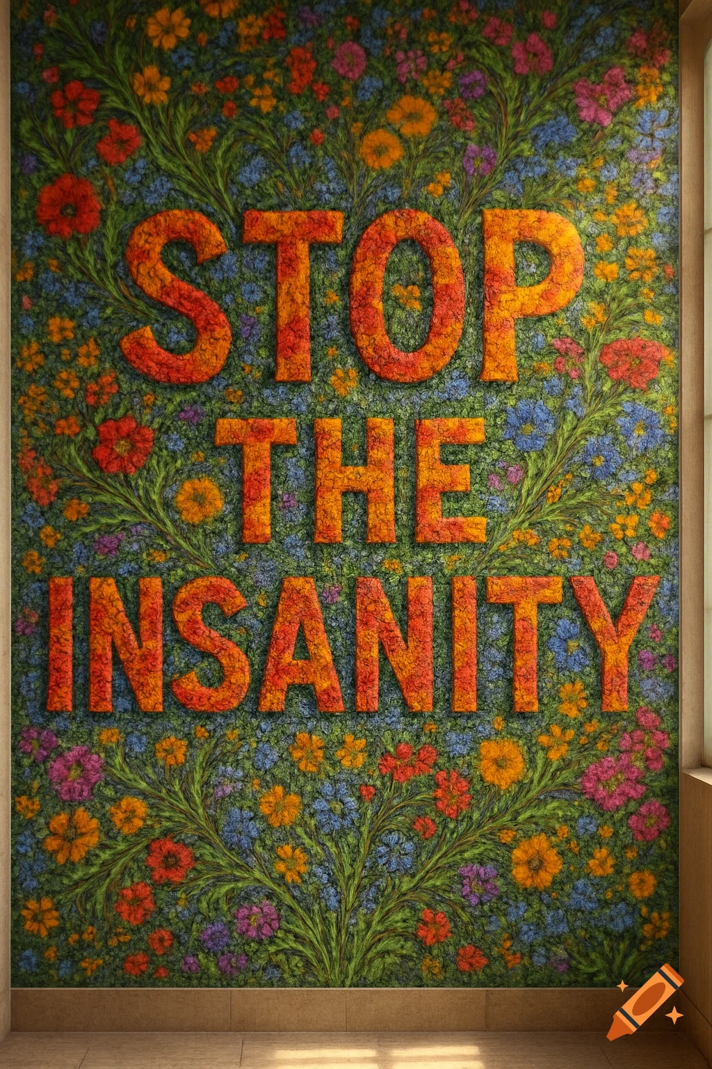 A vibrant floral mosaic on a wall spells out "STOP THE INSANITY" in orange textured letters, surrounded by colorful flowers.