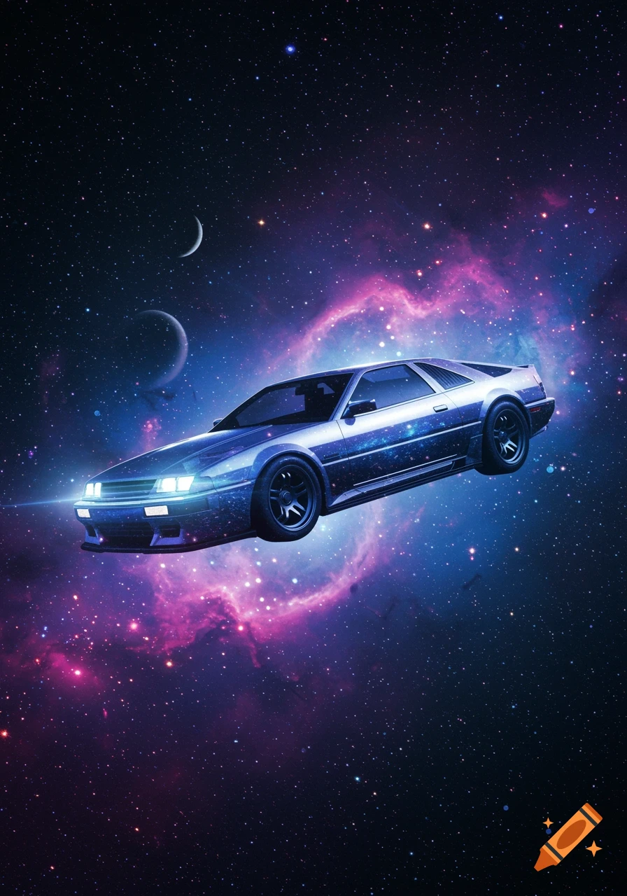A sleek car floats in a vibrant purple and blue galaxy with stars and crescent moons.