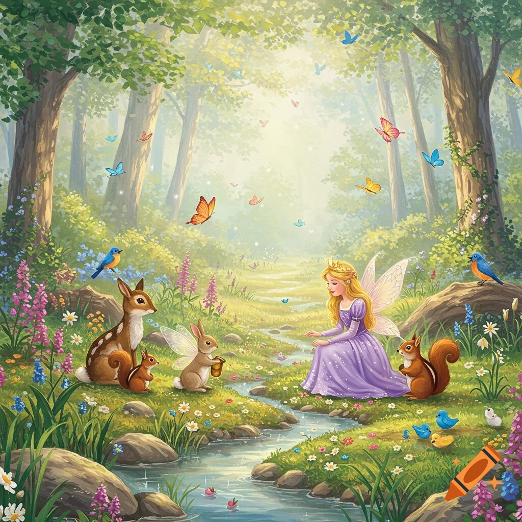 Whimsical illustration of a blonde fairy princess in a purple dress interacting with forest animals in a sunlit magical forest.