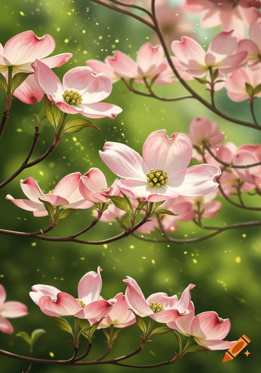 Pink dogwood blossoms with green leaves and branches against a blurred green background with sparkling light.