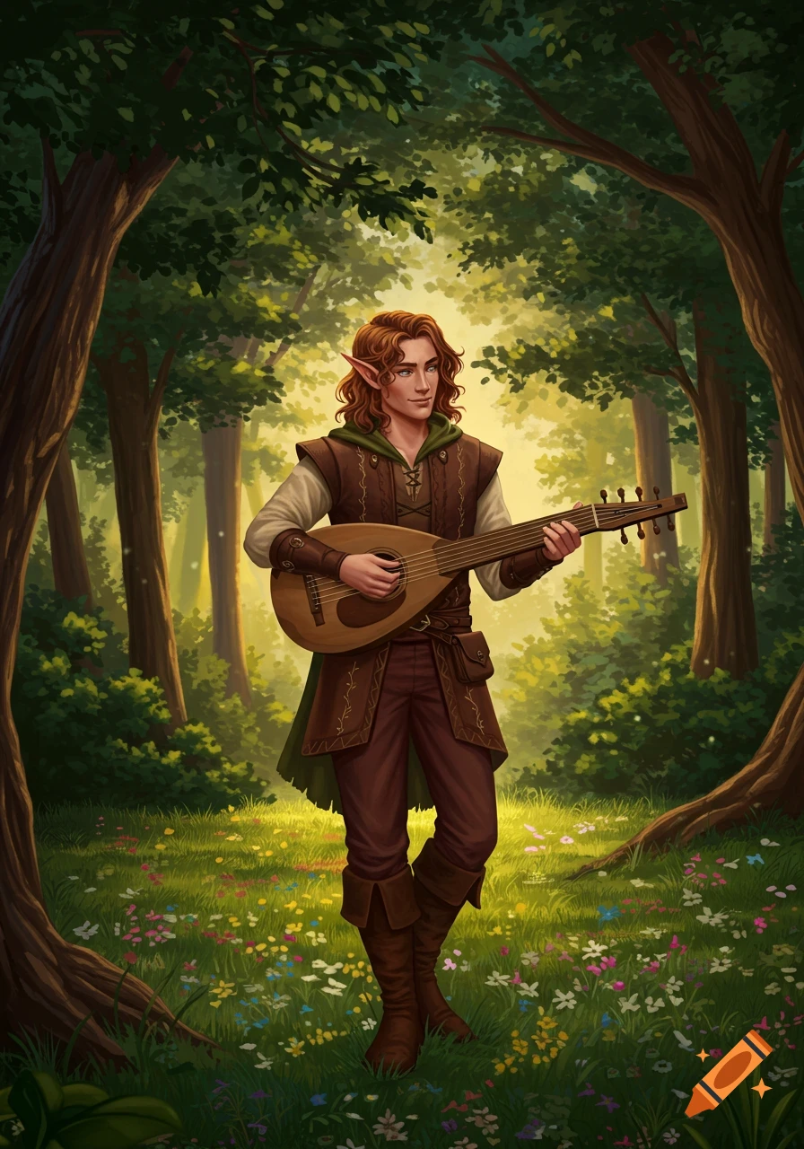 A male elf with long brown hair plays a lute in a sunlit forest clearing filled with wildflowers, digital painting.