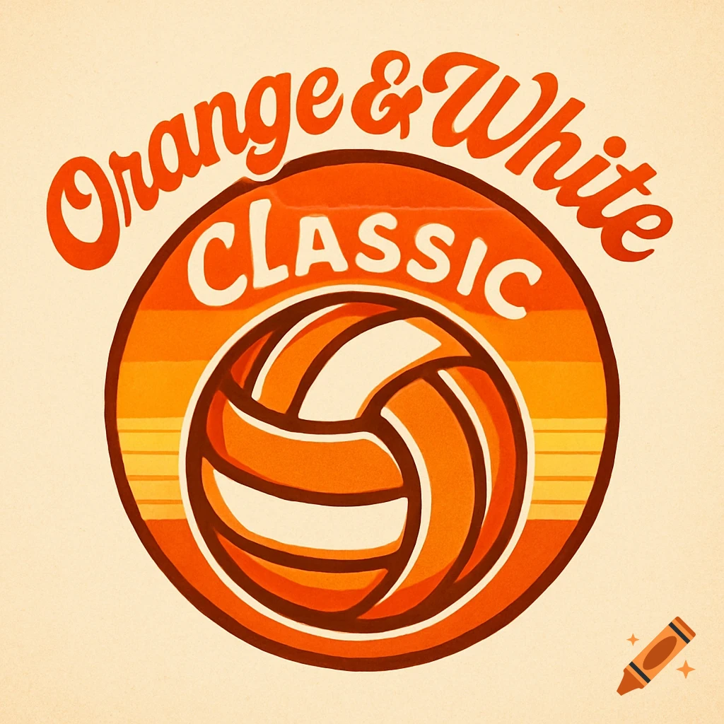 A retro-style circular logo with the text "Orange & White Classic" and a volleyball illustration.