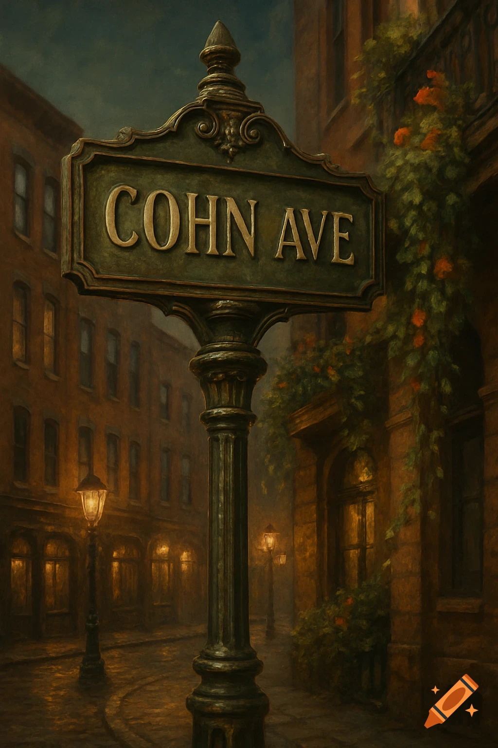 An old-fashioned street sign reading 'COHN AVE' on a dimly lit, cobblestone city street at night, with buildings and lamps.
