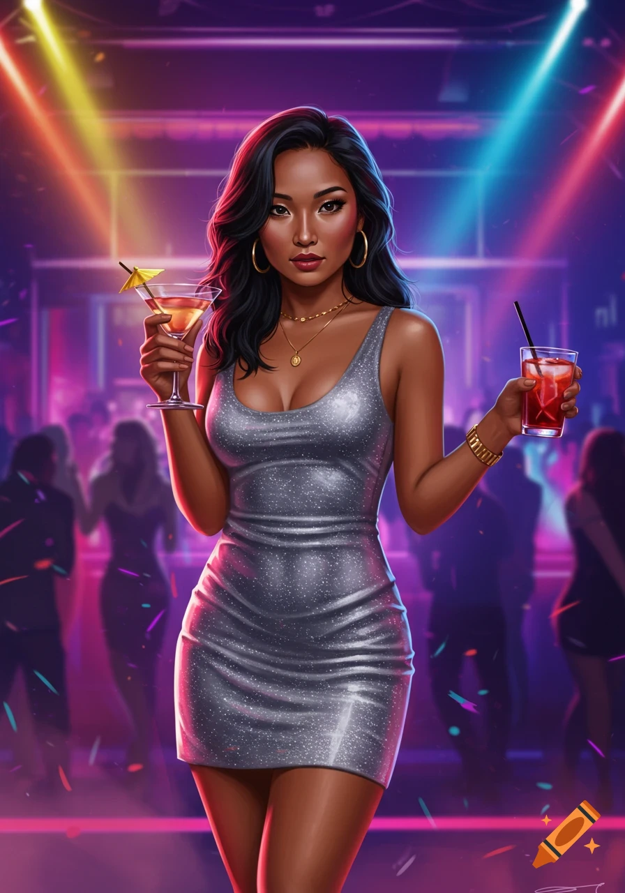 A stylish woman in a sparkling silver dress holding two cocktails in a vibrant, neon-lit club setting, digital art.