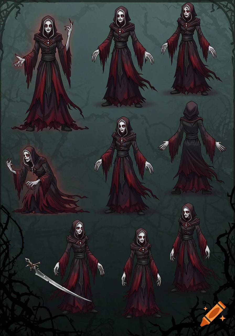 A sprite sheet displaying multiple poses of a cloaked, skeletal horror character with a sword in a dark fantasy style.