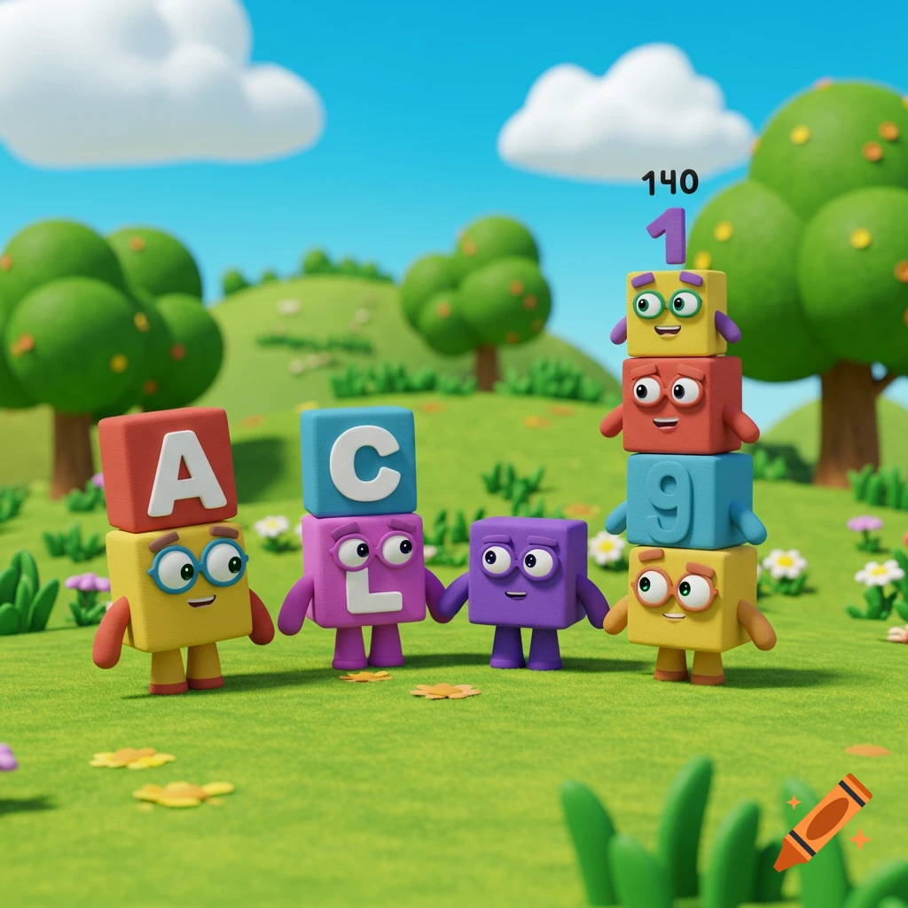 Colorful, block-shaped cartoon characters with letters and numbers on them stand in a grassy field.