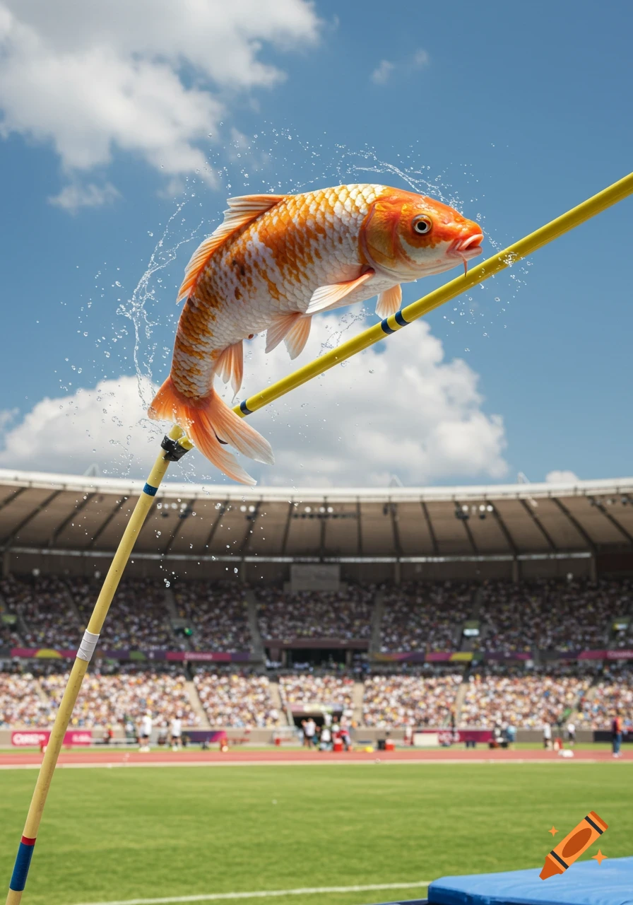 A large orange and white koi fish leaps over a yellow pole vault bar in a sunny Olympic stadium filled with spectators.