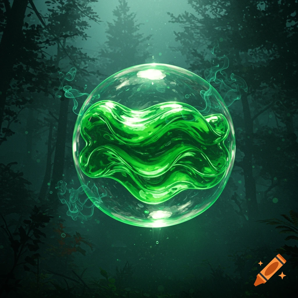 A glowing green bubble with wavy contents floats in a dark, misty forest.