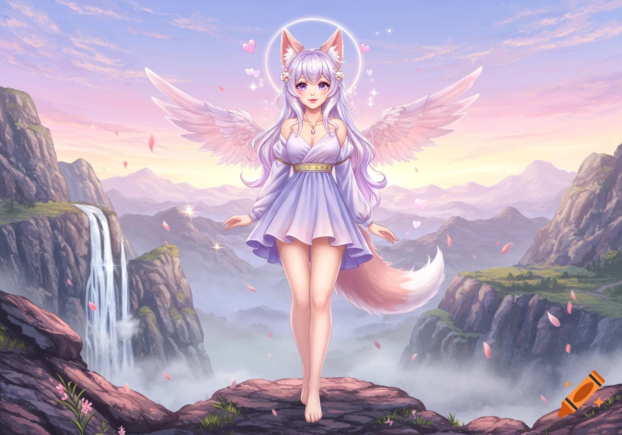 Anime fox girl with lavender hair, wings, and halo stands on a rock overlooking a mountain landscape with a waterfall at sunset.