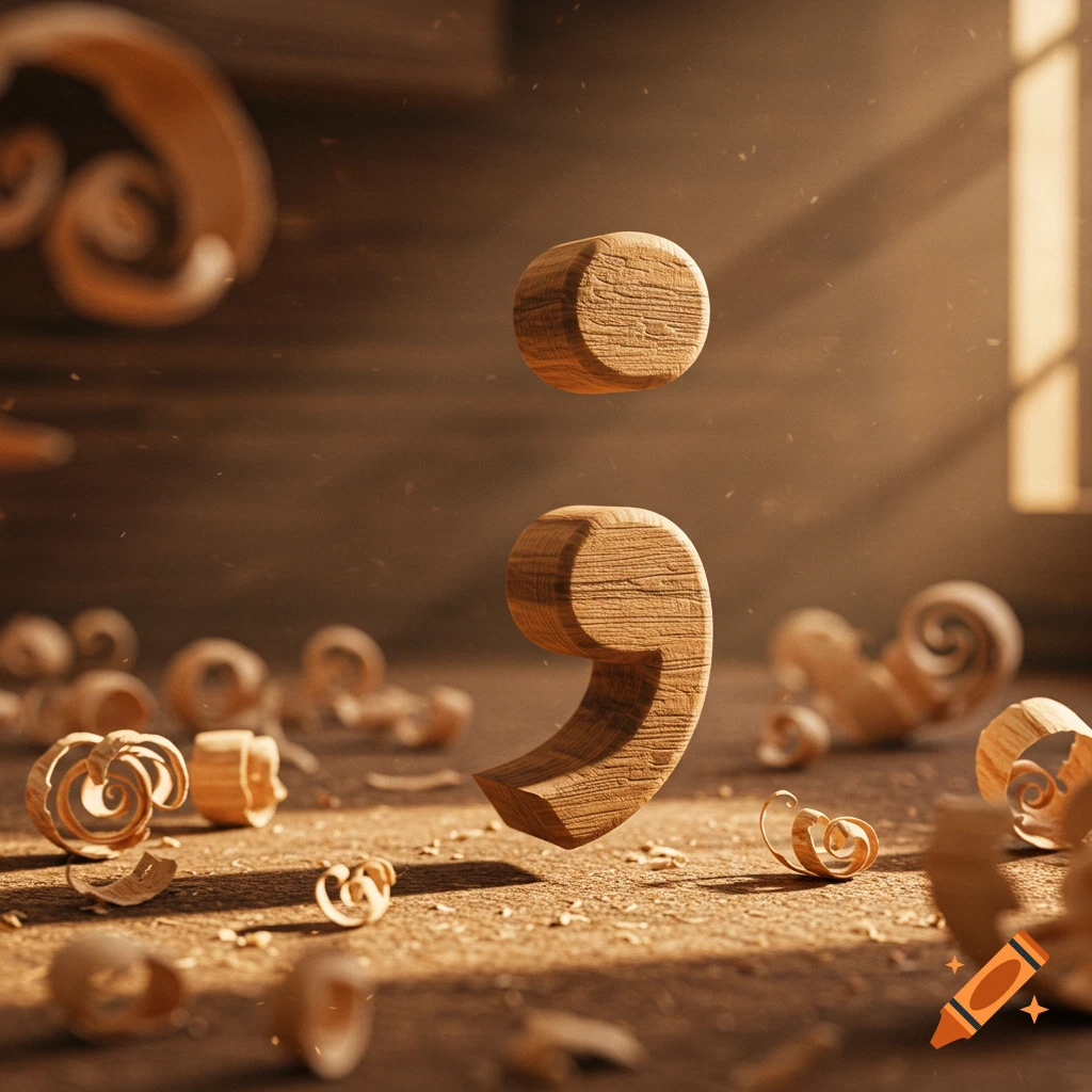 A large, wooden semicolon punctuation mark hovers above wood shavings on a dusty floor, illuminated by sunlight.
