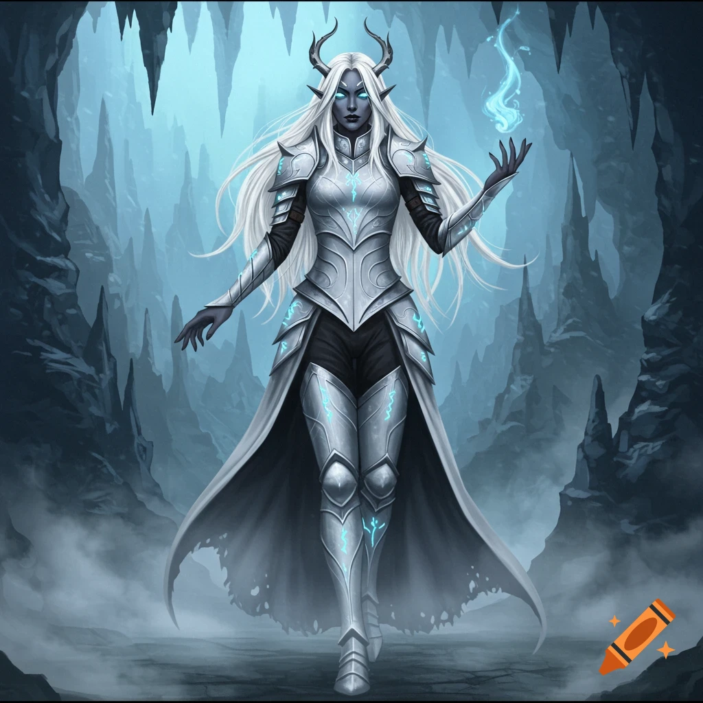 A horned drow woman with white hair and black skin, wearing glowing white runic armor, stands in an icy cavern with a blue flame.