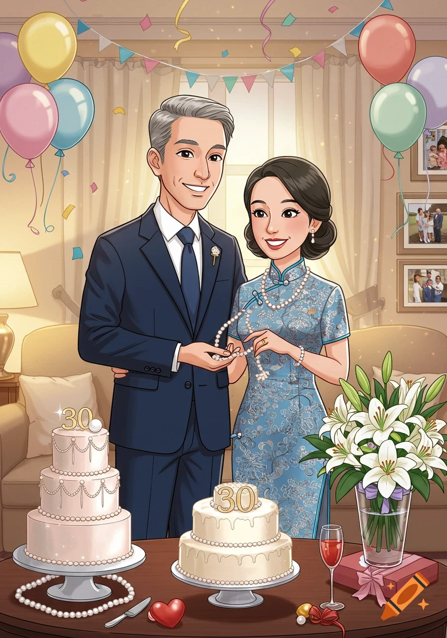 Cartoon illustration of an American man and his Chinese wife celebrating their 30th anniversary with cakes and balloons.