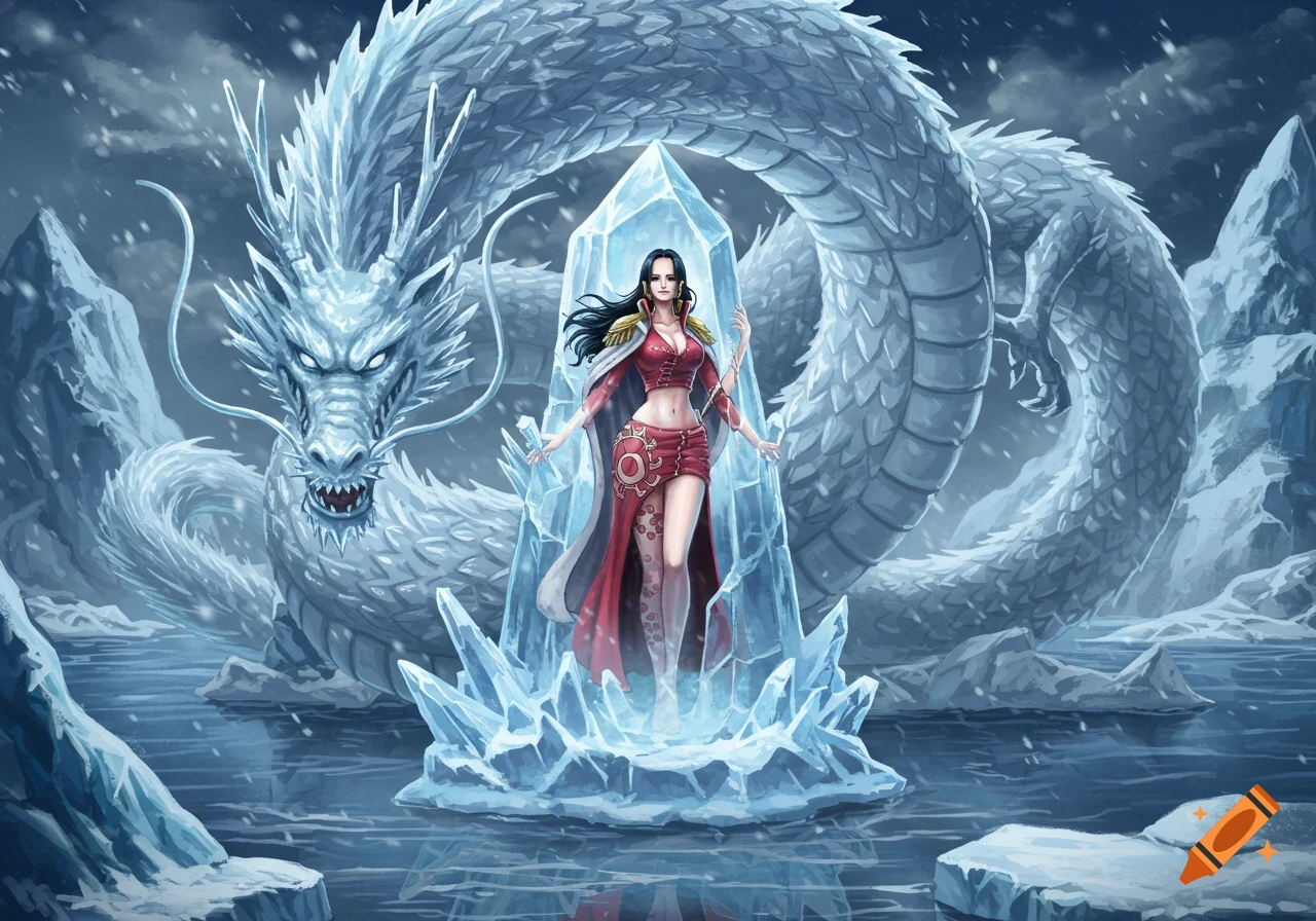 Anime illustration of Boa Hancock in a red outfit, frozen inside an ice crystal, with a large ice dragon behind her in a snowy landscape.