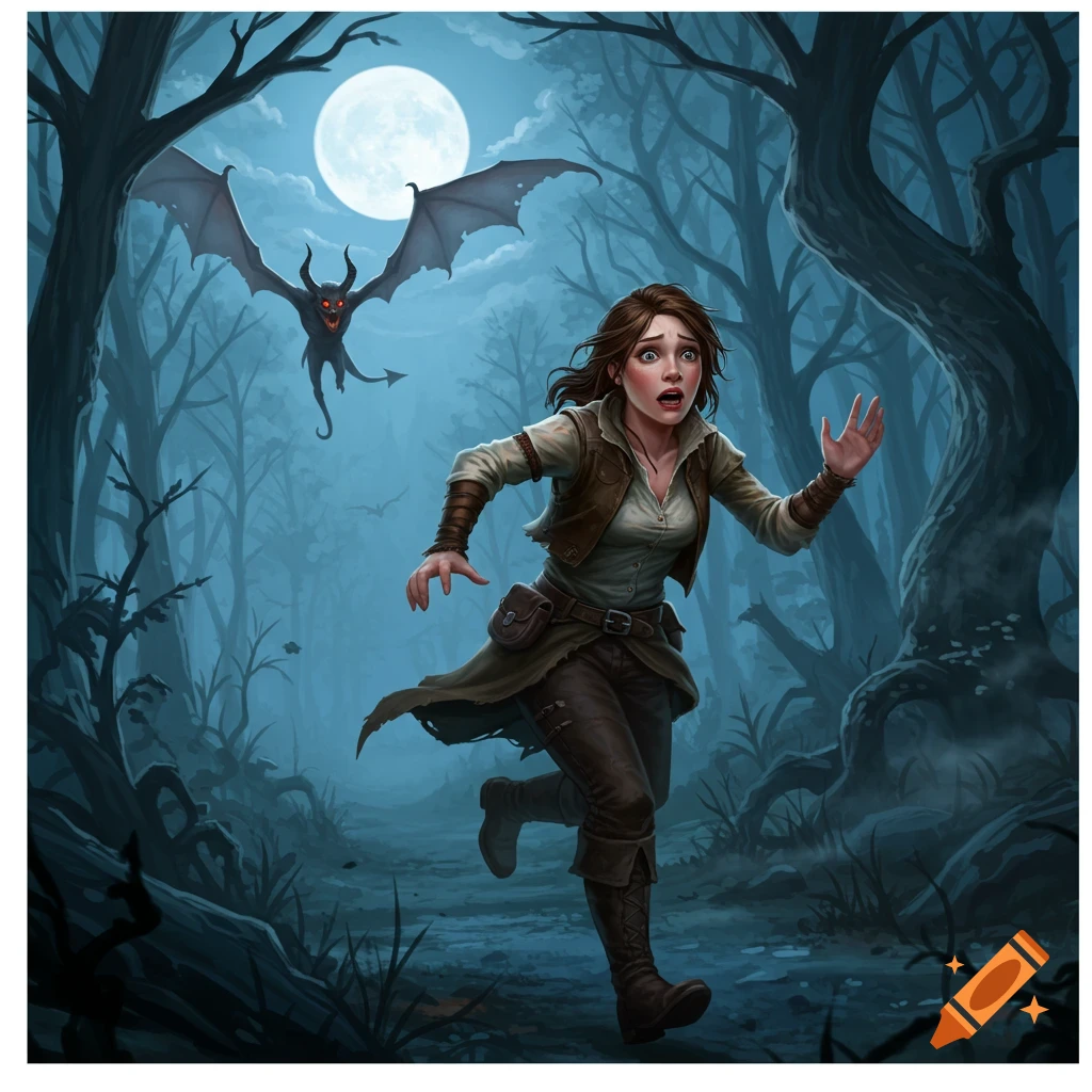 A scared adventurer woman runs through a dark, moonlit forest, fleeing a flying red-eyed demon in a stylized illustration.