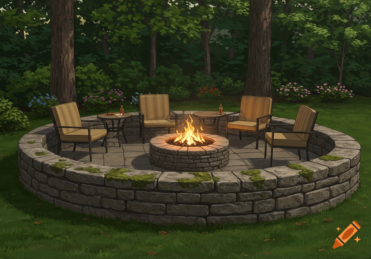 A circular stone patio with a built-in fire pit and four chairs, surrounded by a lush green backyard with trees and flowers. Illustrated style.