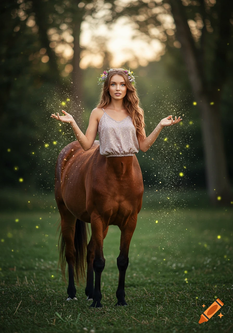 A photorealistic female centaur wearing a flower crown and a sparkly top stands in a grassy clearing with glowing particles.