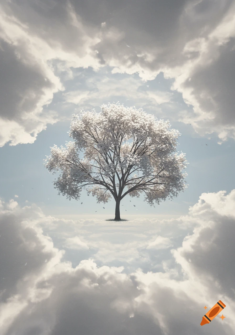 A lone tree with white blossoms stands above a layer of white clouds, framed by swirling grey clouds and blue sky.