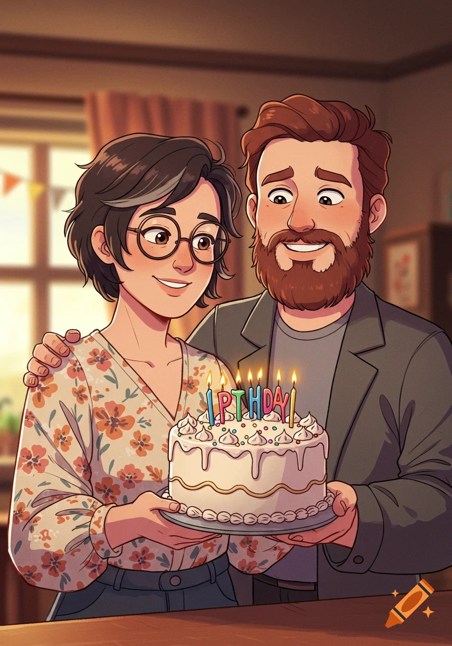 Two smiling animated characters, a man and a woman, hold a birthday cake with lit candles in a cozy indoor setting.