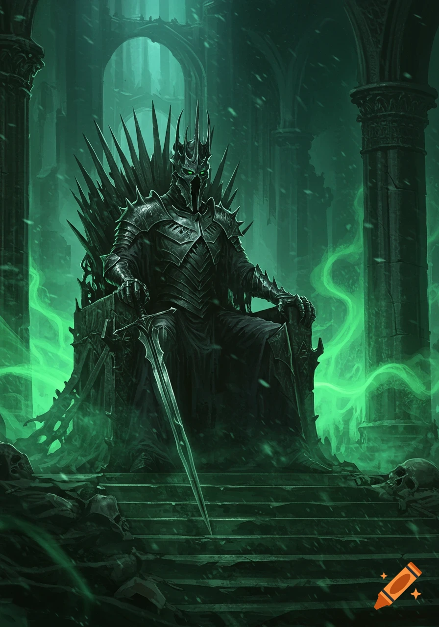 Dark armored lord with glowing green eyes sits on a spiked throne in a ruined, green-lit gothic hall, holding a sword.