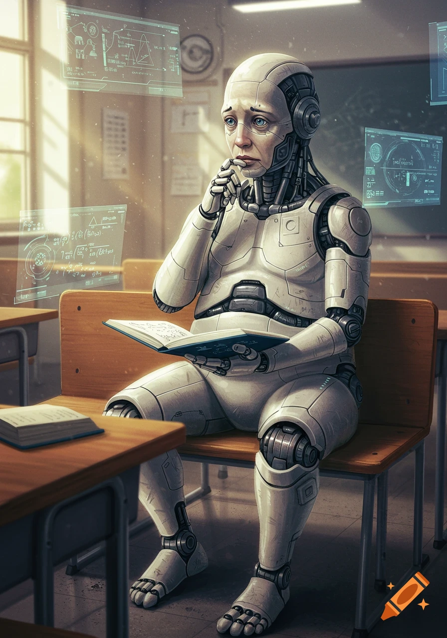 A pensive, human-faced robot student sits in a classroom, looking at a book with holographic equations floating around.