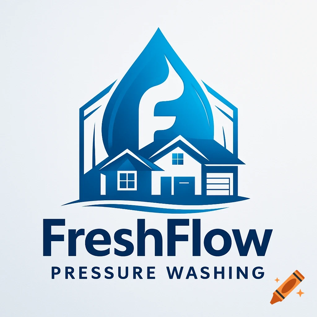 A blue FreshFlow Pressure Washing company logo with houses inside a water droplet shape and the letter F.